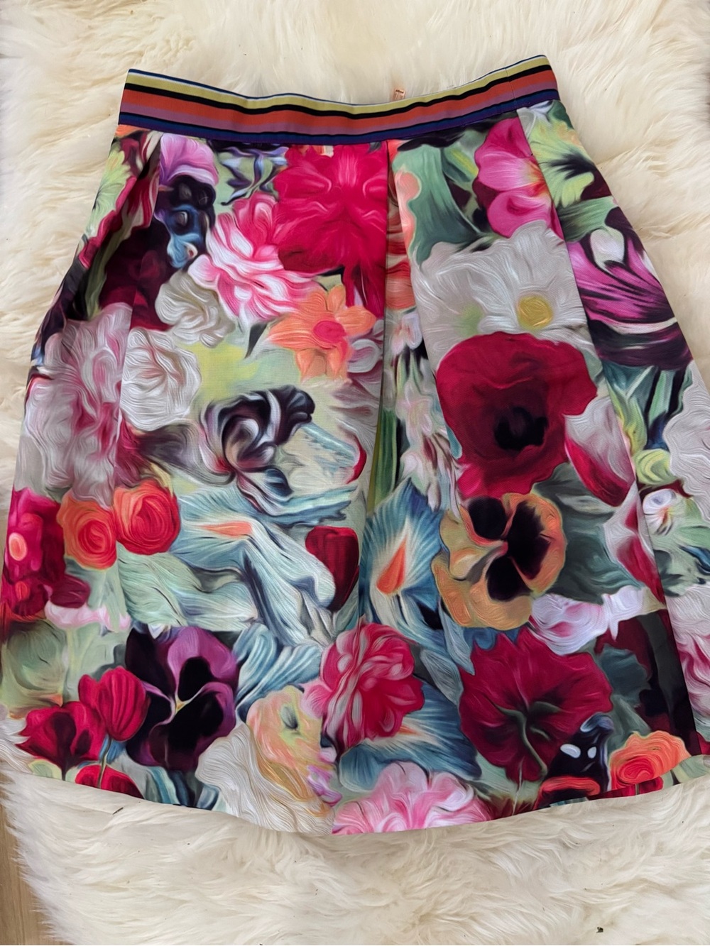Ted Baker London Floral Circle Skirt with Multicolor Stripe Waistband